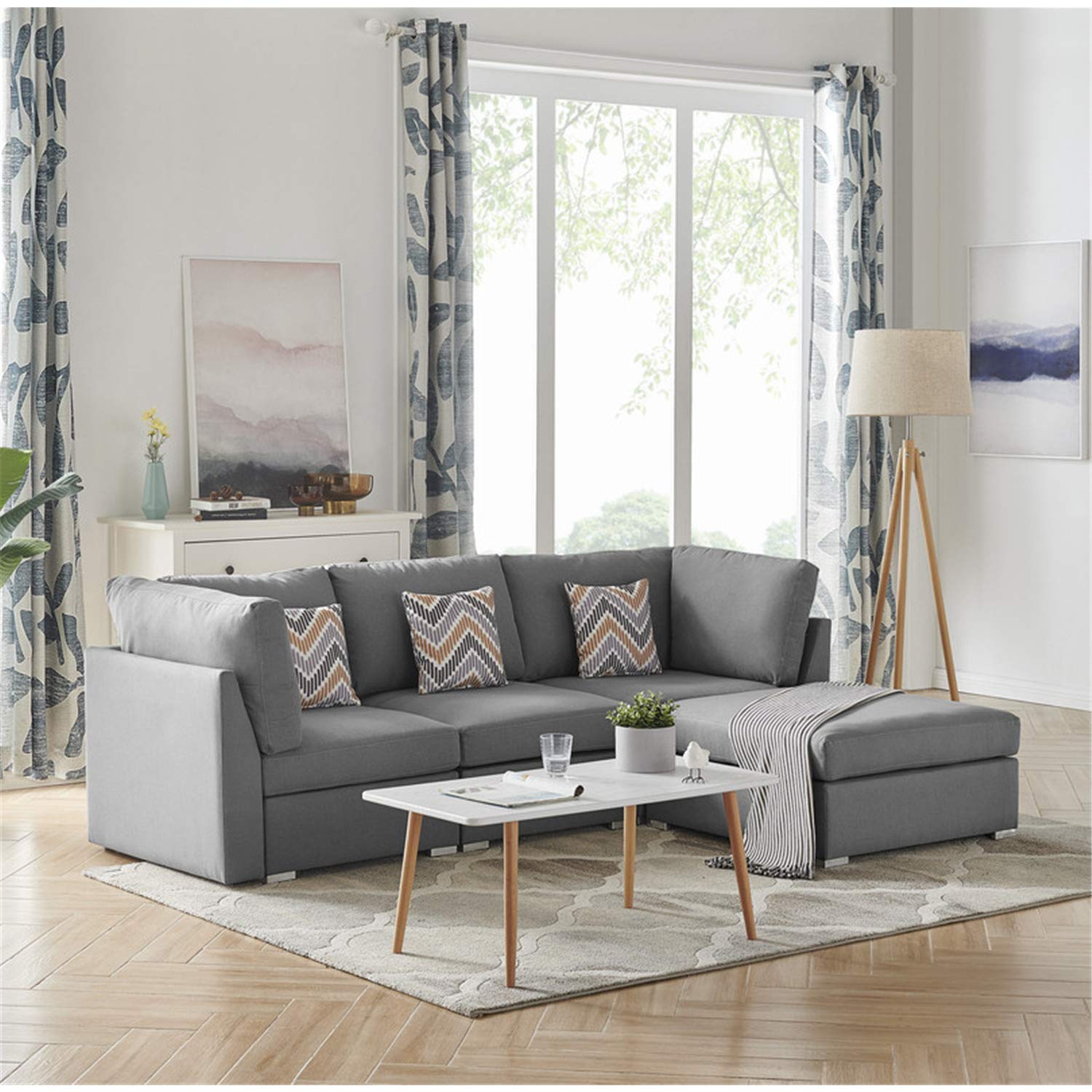 Lilola Home Amira Gray Fabric Sofa with Ottoman and Pillows